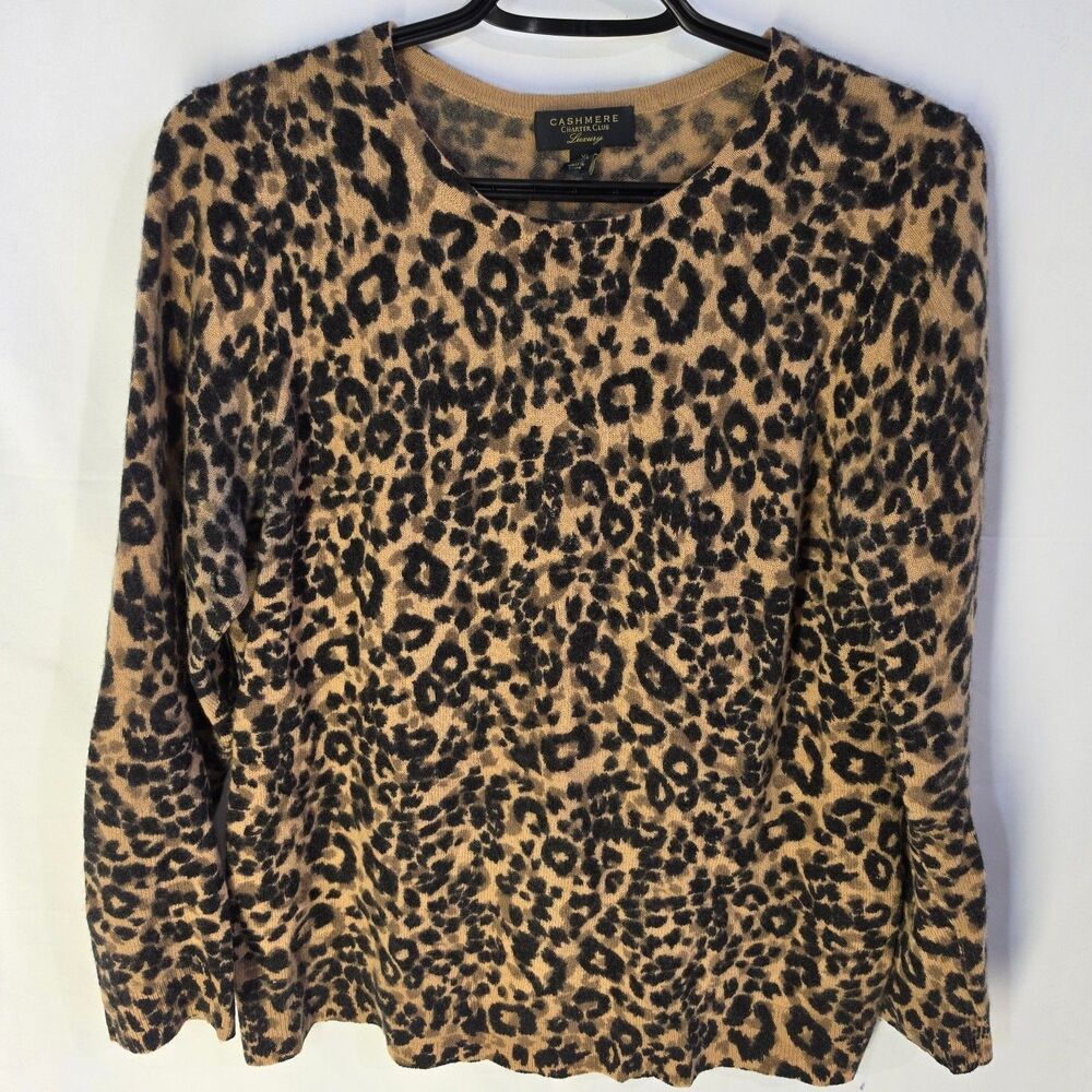100% Cashmere Leopard Sweater Crewneck Animal Print Camel XL Charter Club Luxury